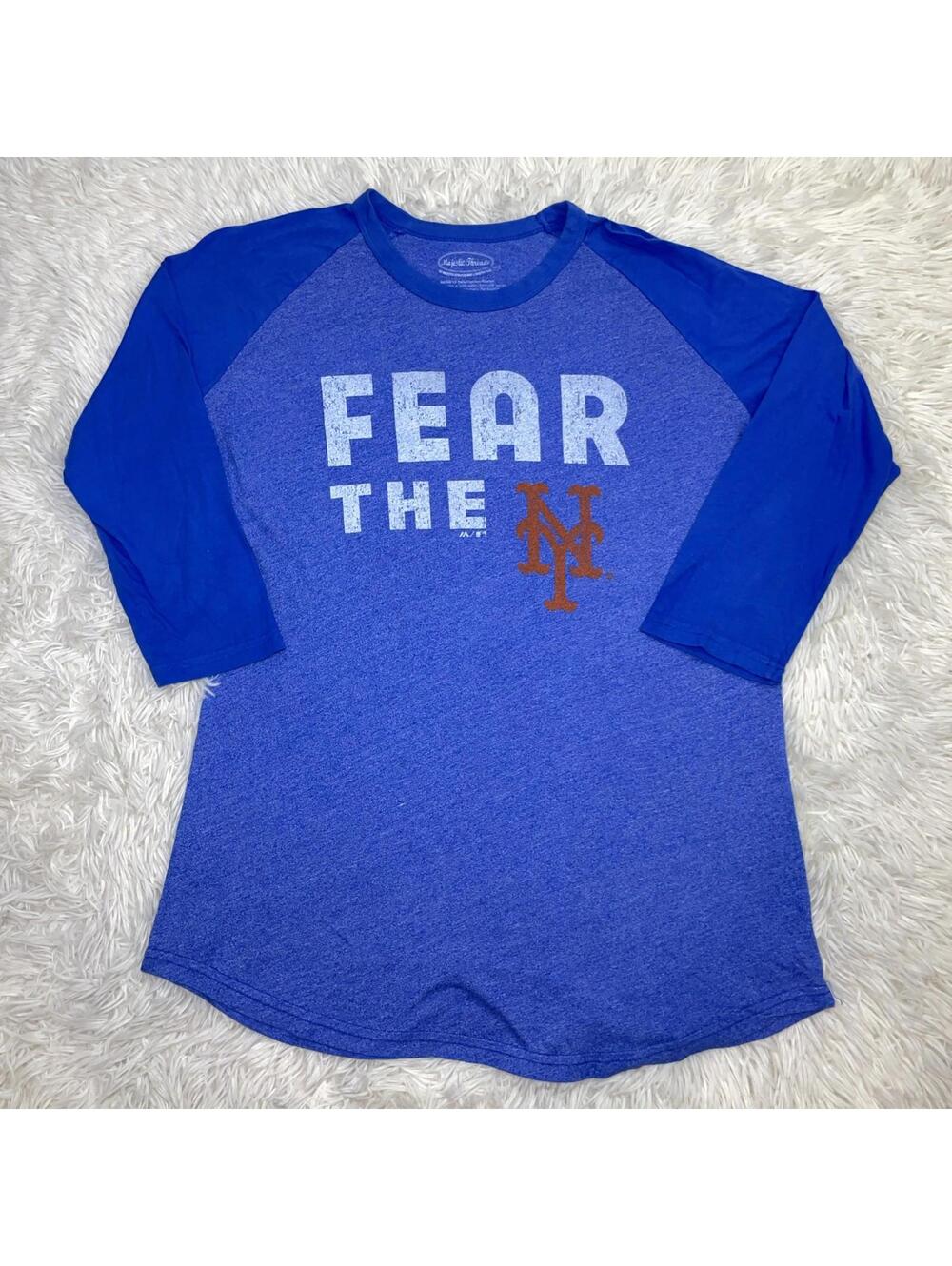 Women’s NYMets “Fear The Mets” Majestic Threads Blue 1/4 Sleeve Raglan T-Shirt L